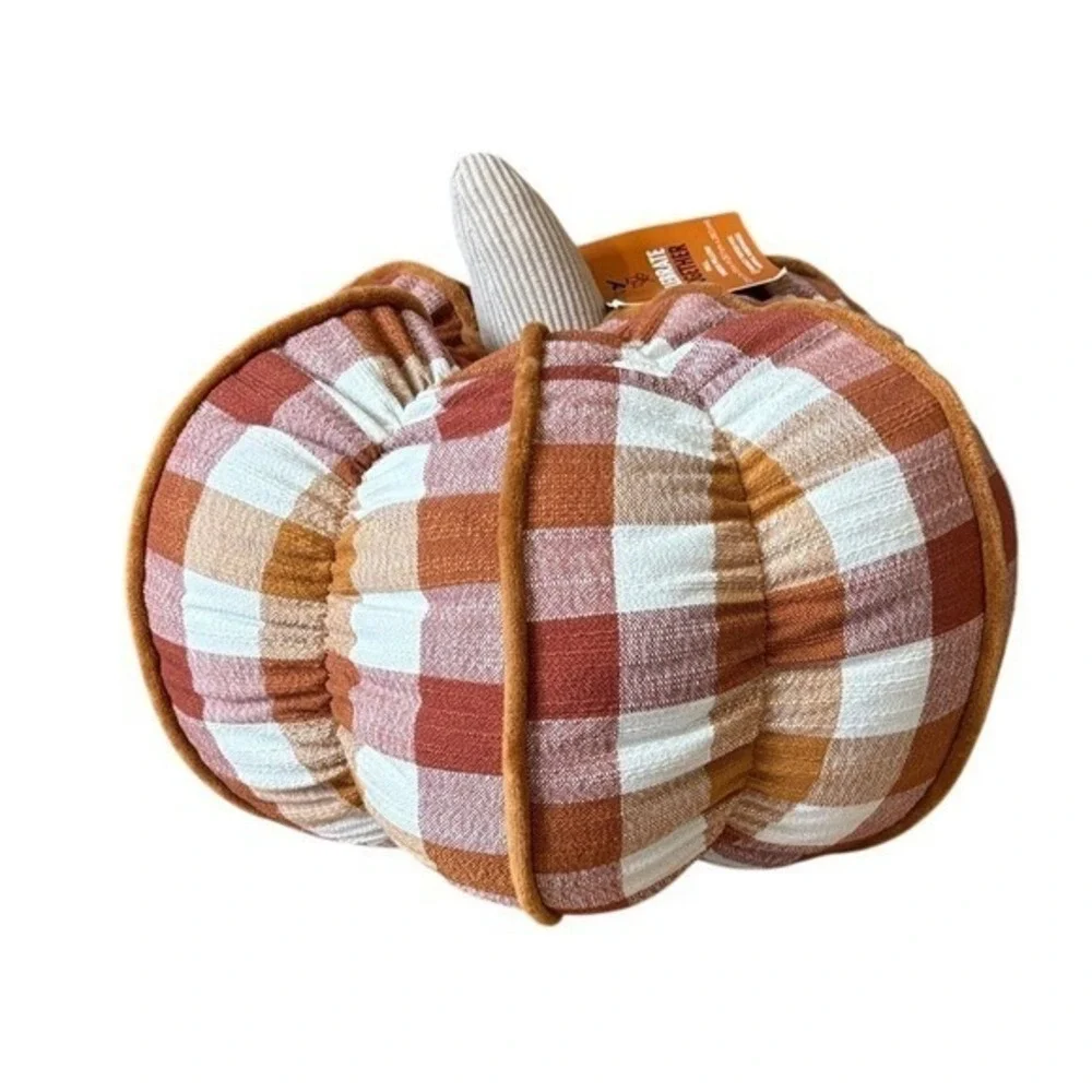 Celebrate Together Oversized Orange Plaid Pumpkin Accent Pillow Decor 11.5